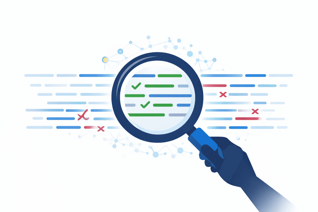 Illustration d'une loupe vérifiant du code avec des marques DZIGNWEB