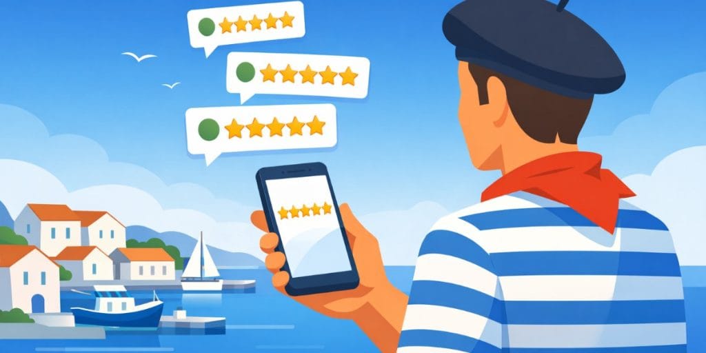 Artisan du Golfe de Fos consultant ses avis Google 5 étoiles sur smartphone — illustration flat design bleue