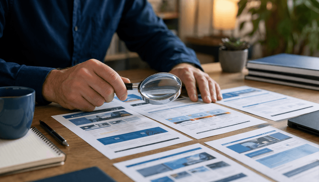 Entrepreneur comparant plusieurs devis de site internet avec une loupe pour détecter les pièges et frais cachés