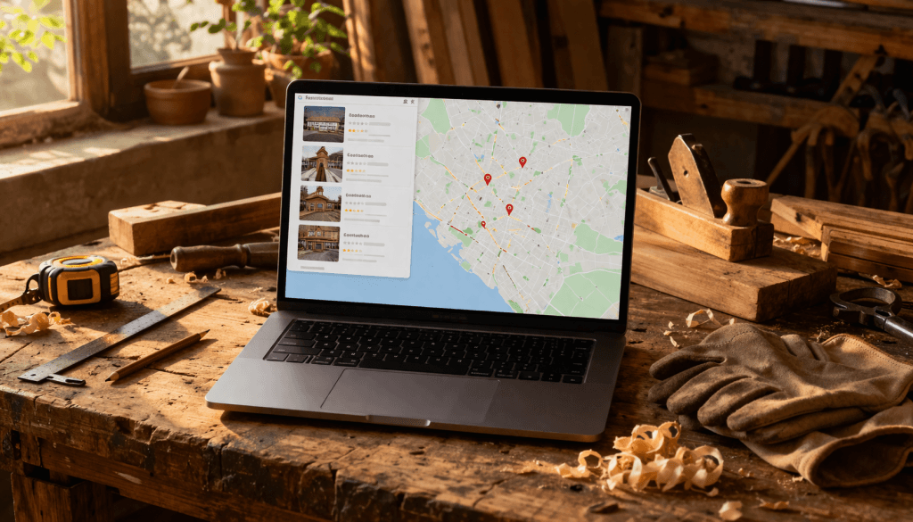Laptop affichant Google Maps sur un établi d'artisan avec outils de menuiserie - SEO local artisan TPE