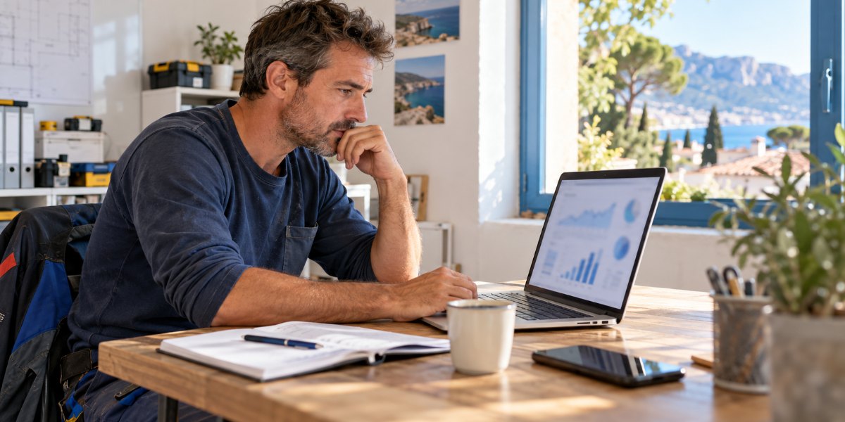 Artisan électricien qui analyse les statistiques de visites de son site sur un ordinateur portable