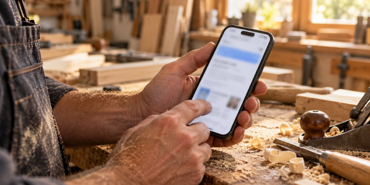 Mains d'un menuisier tenant un smartphone qui affiche un Aperçu IA Google dans son atelier