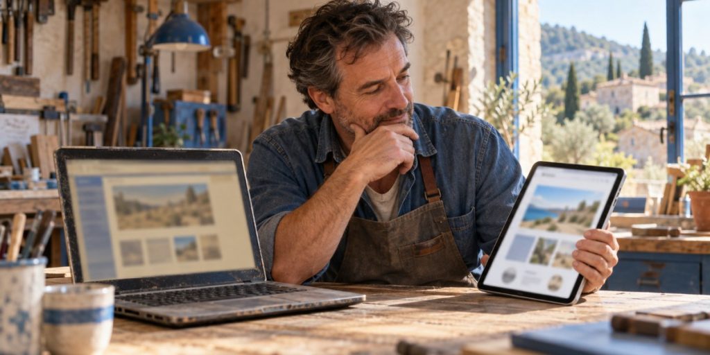 Artisan dans son atelier comparant son ancien site internet sur un ordinateur et une nouvelle version sur une tablette, refonte de site internet