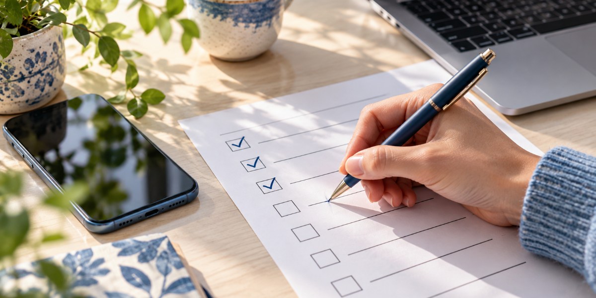 Main cochant une liste de contrôle sur papier à côté d'un ordinateur, grille pour choisir entre refonte et nouveau site