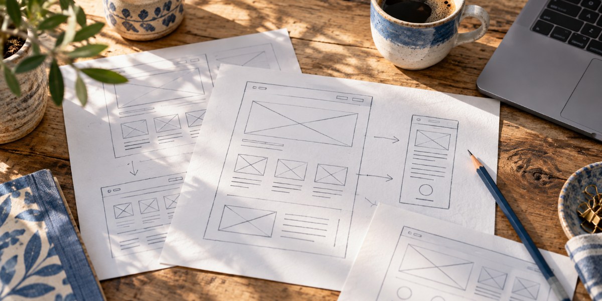 Croquis de maquettes de pages web sur un bureau en bois, préparation d'une refonte de site internet